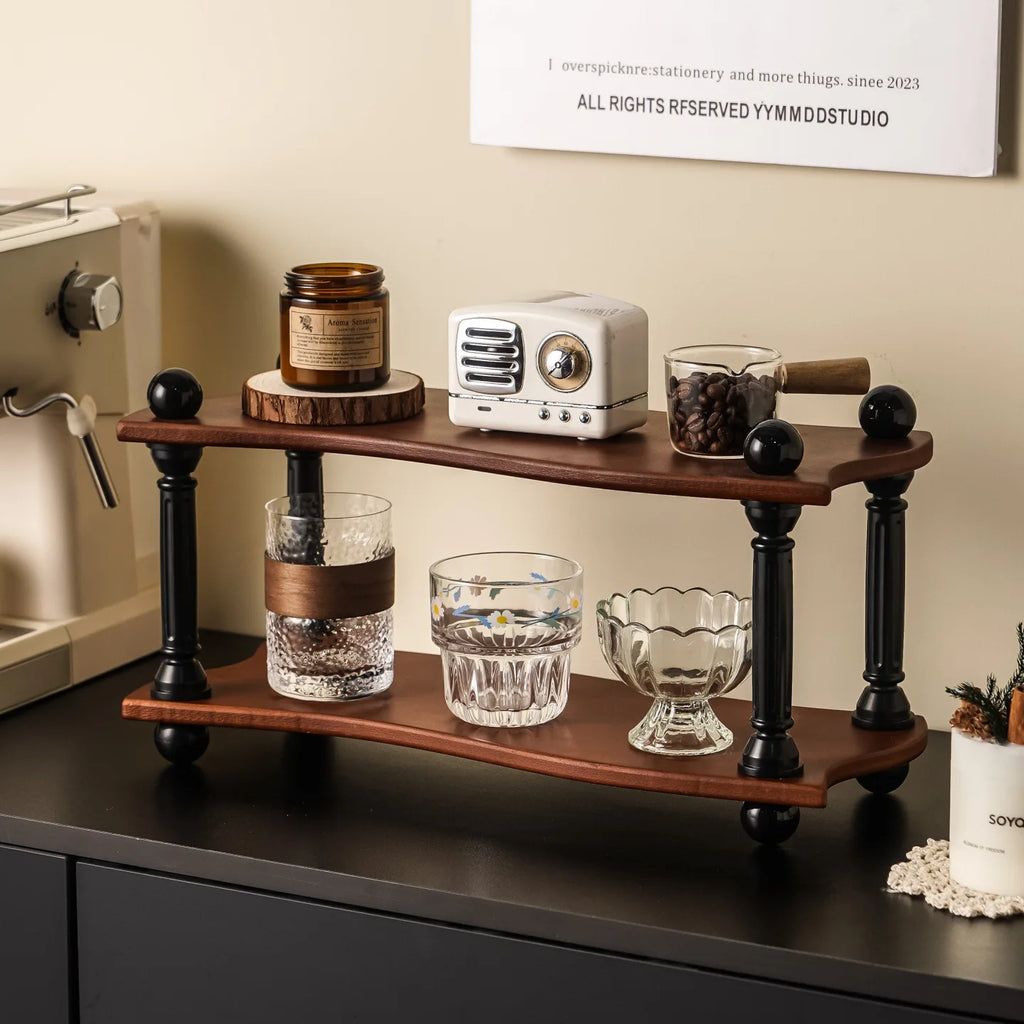 Three-Layer High-Value Desktop Retro Cup Holder with a Medieval Style Solid Wood Shelf