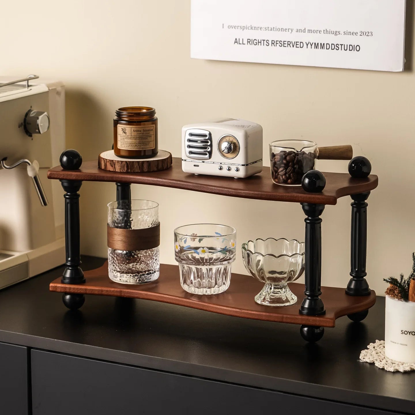Three-Layer High-Value Desktop Retro Cup Holder with a Medieval Style Solid Wood Shelf