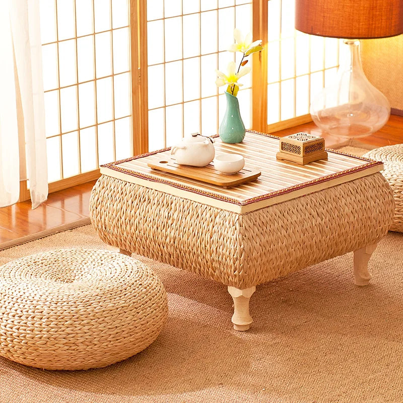 Small Coffee Table with Storage Bamboo and Rattan Tatami Platform Low Table for Living Room Furniture Home Bay Window Balcony