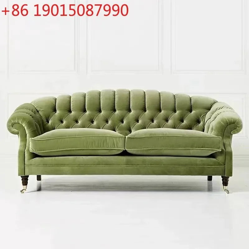 French Retro Olive Green Velvet Sofa Buckle Internet Celebrity Designer Small Apartment Xiaohongshu Sofa