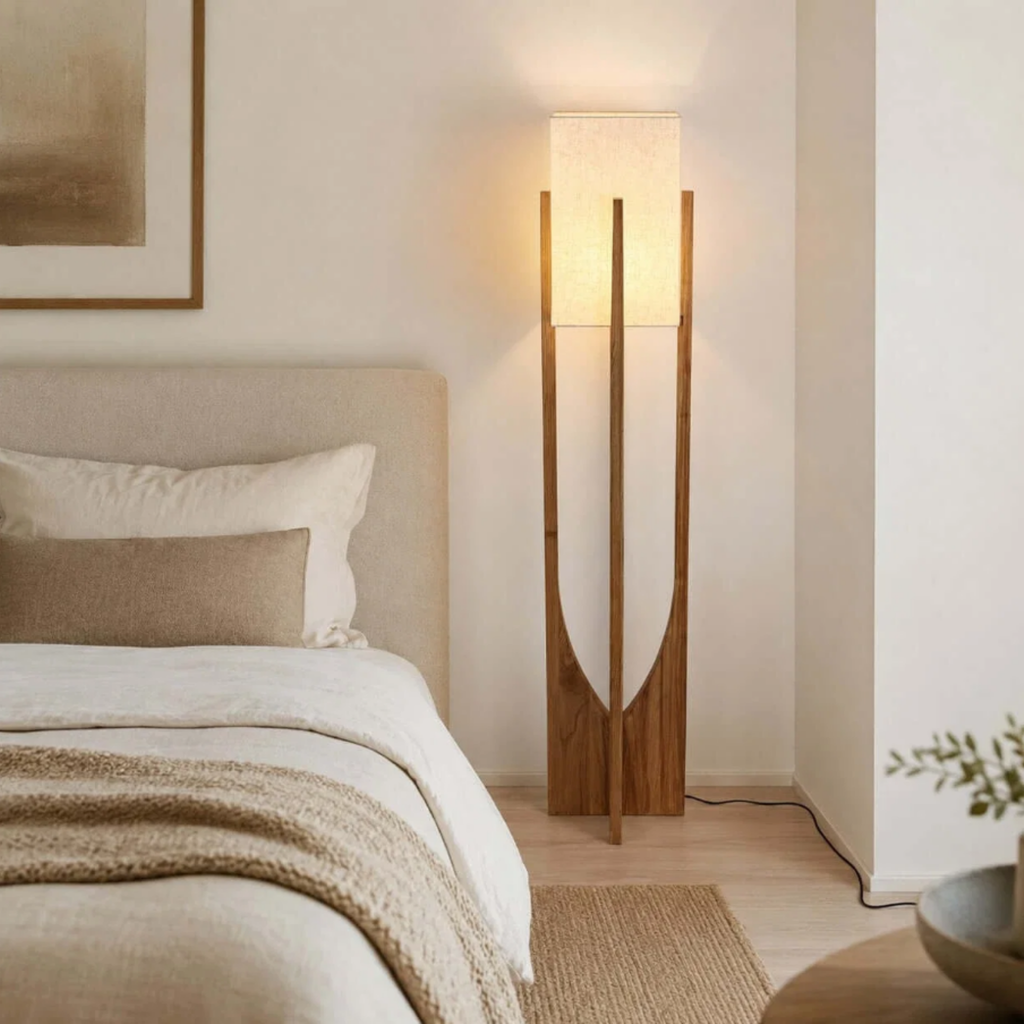Chinese-inspired wooden floor lamp in a bedroom