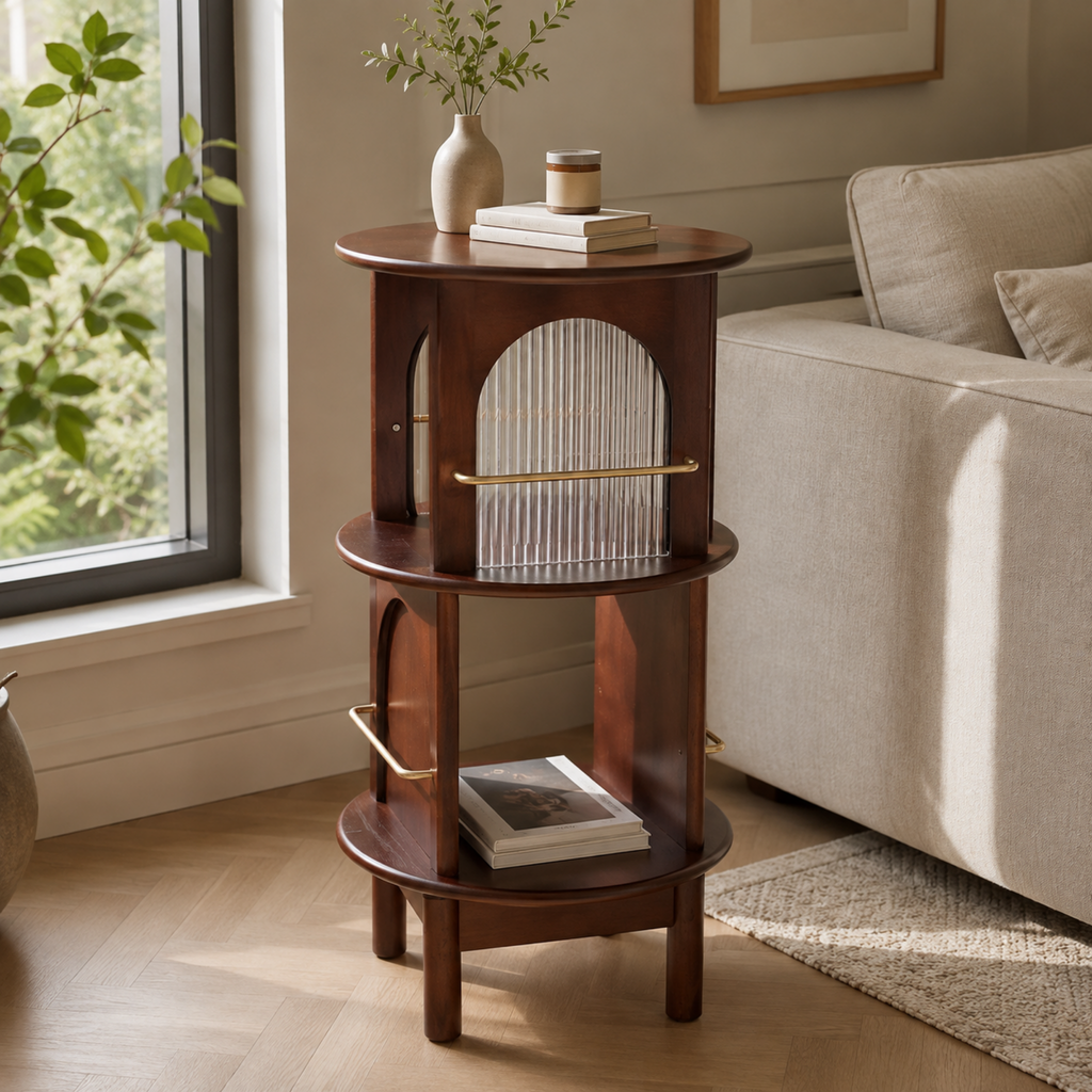 Traditional Chinese round 3-tier swivel end table with rainbow glass