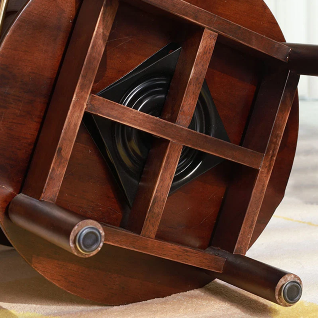360 degree swivel end table with three tiers and walnut finish