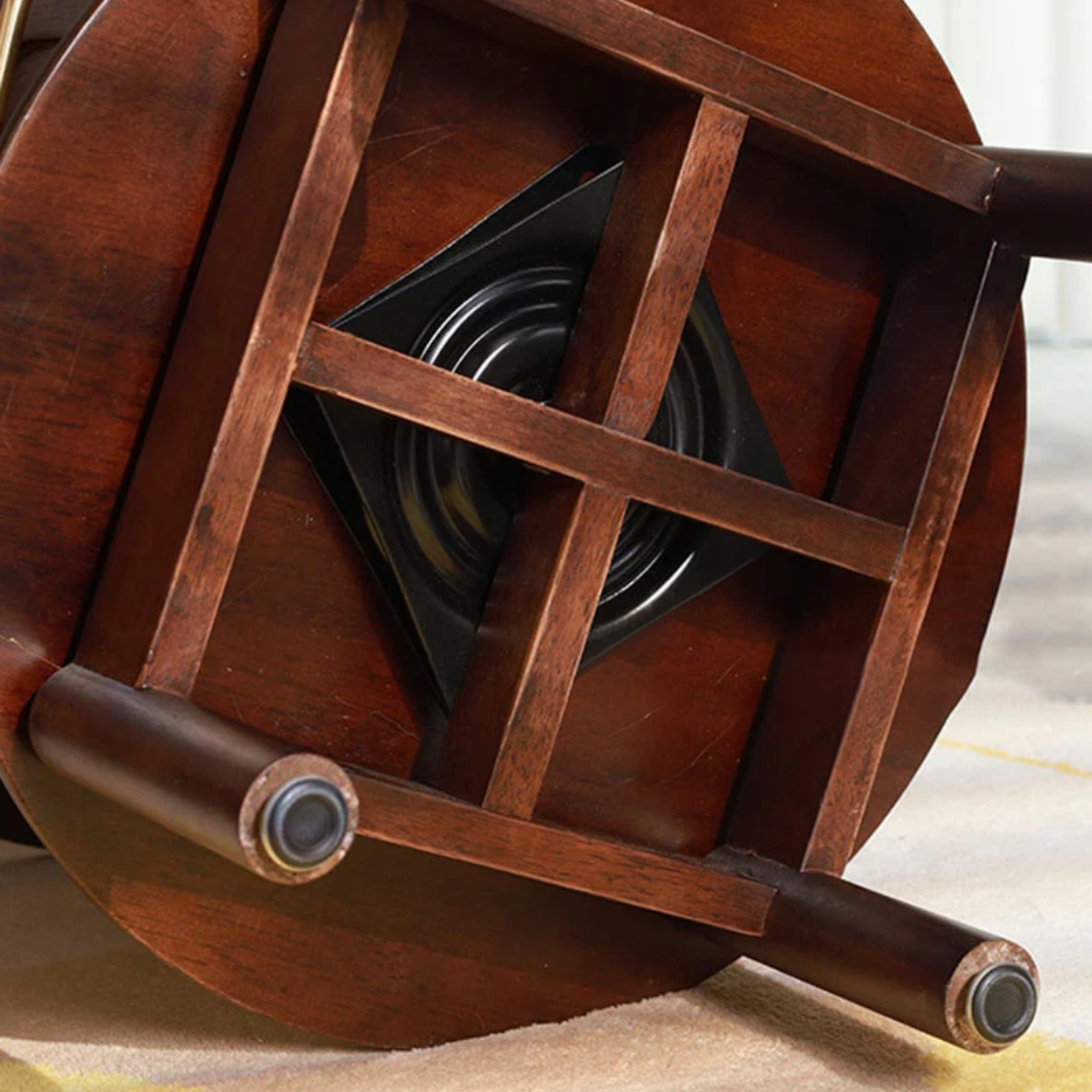 360 degree swivel end table with three tiers and walnut finish