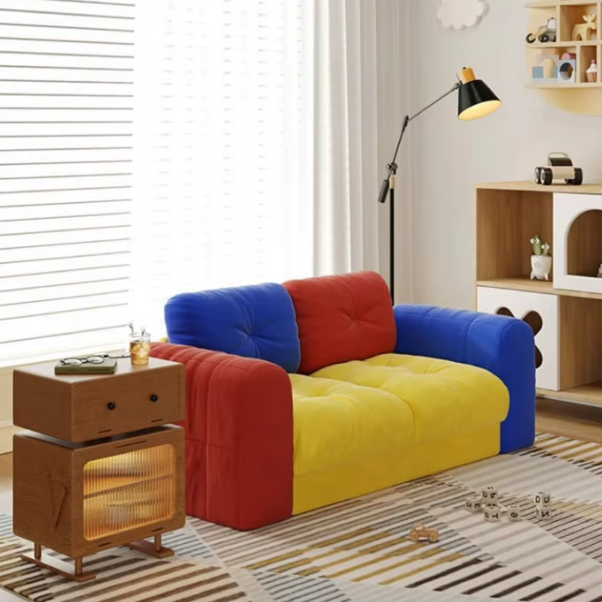 Angled view of the colorful velvet sofa