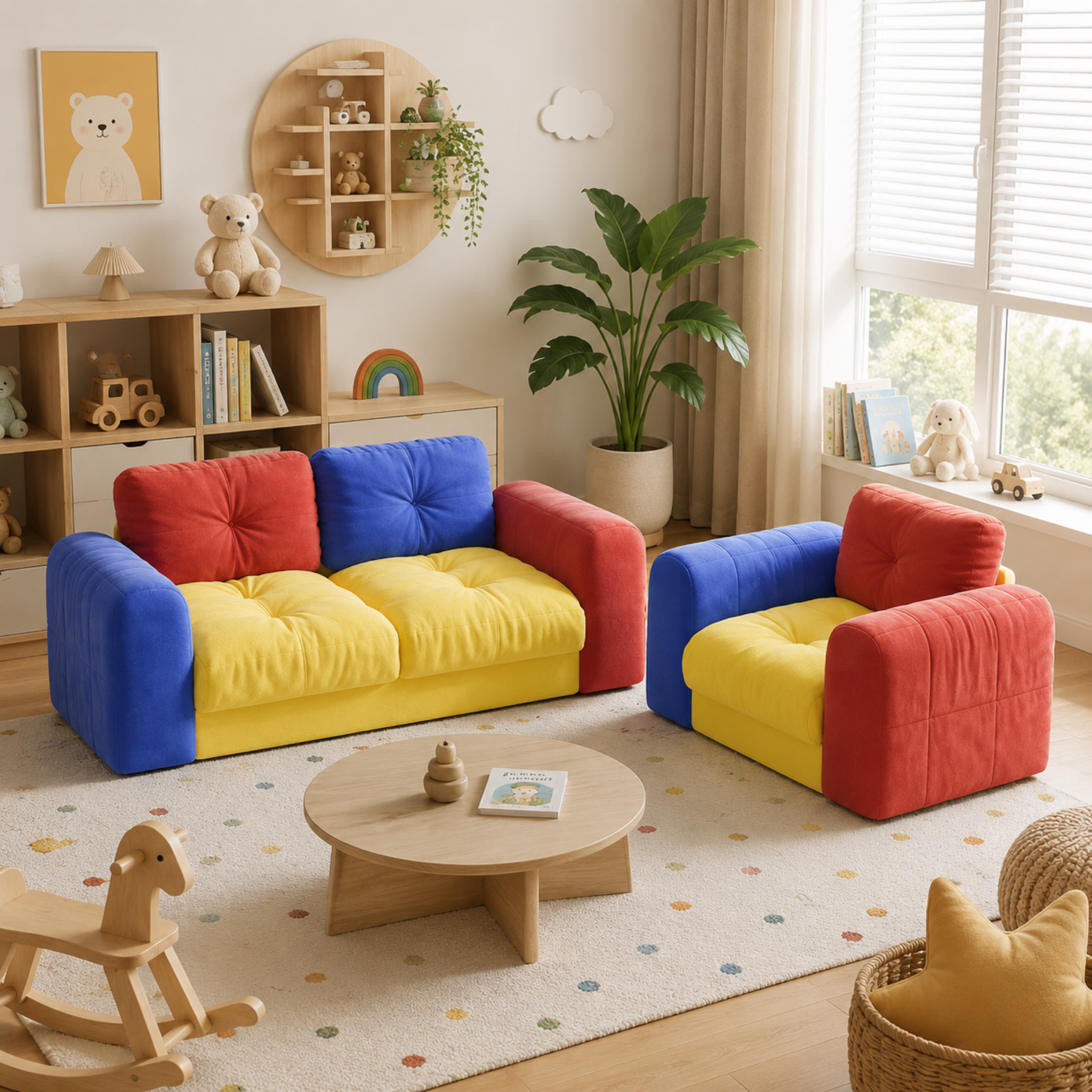 Colorful velvet sofa in a kids room