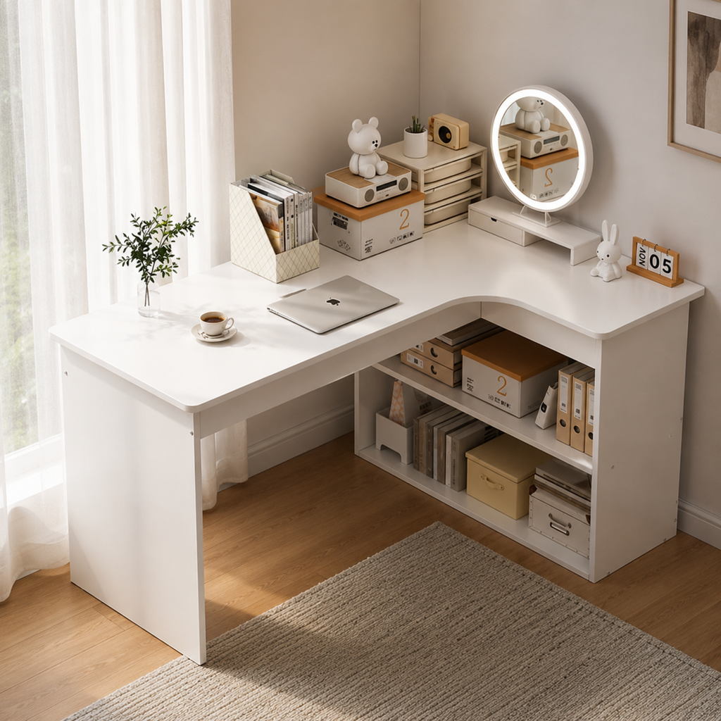 Contemporary L-shaped white desk with 2-tier storage