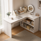Contemporary L-shaped white desk with 2-tier storage