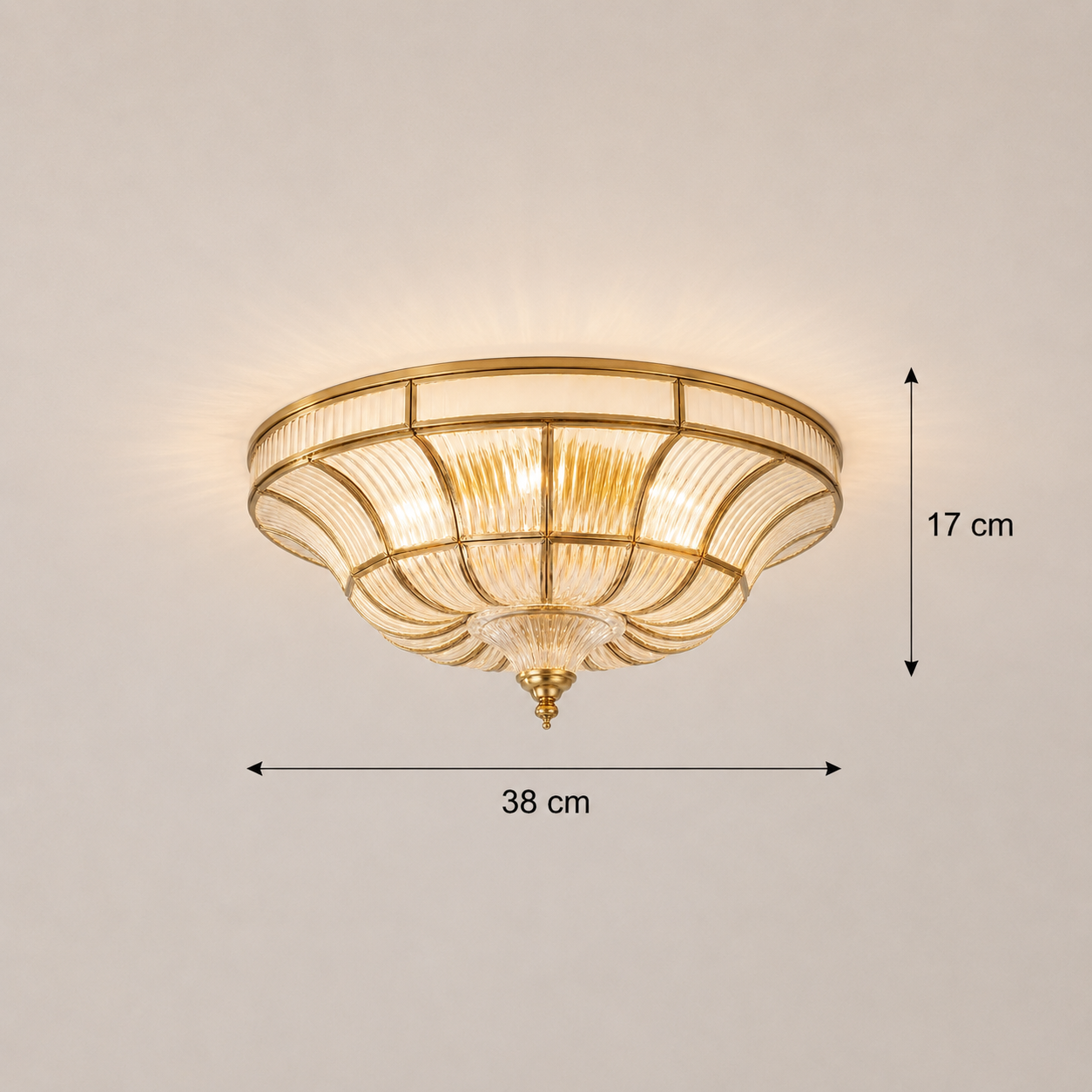 Dimensions of the modern copper flush mount ceiling light transparent color 38cm