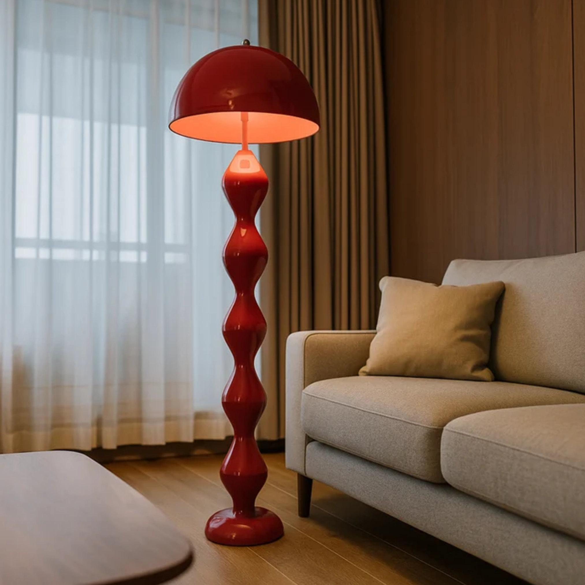 Cream mushroom floor lamp in a modern living room