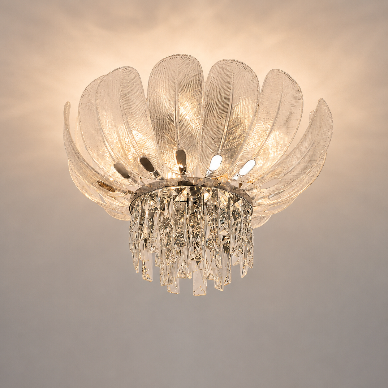 Front view of crystal flush mount ceiling light with glass shades 50 cm