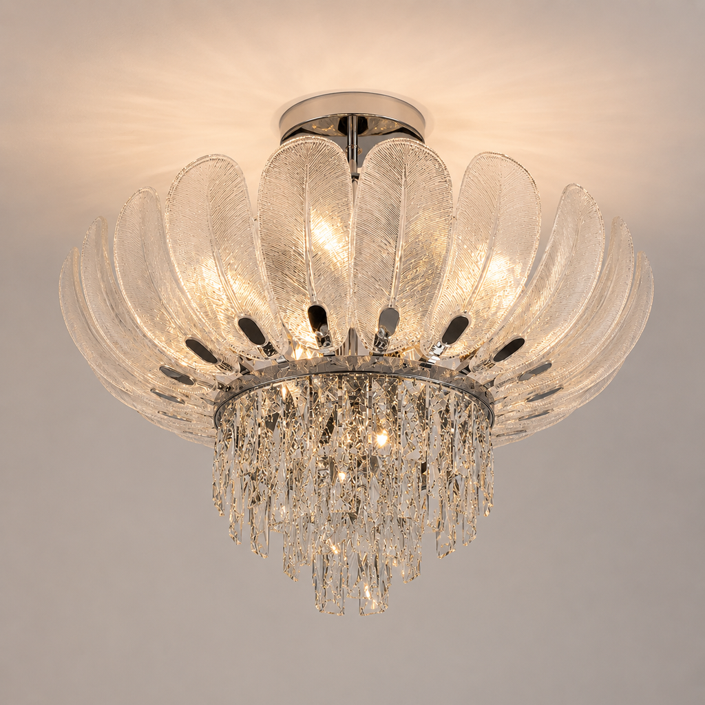 Front view of crystal flush mount ceiling light with glass shades 60 cm