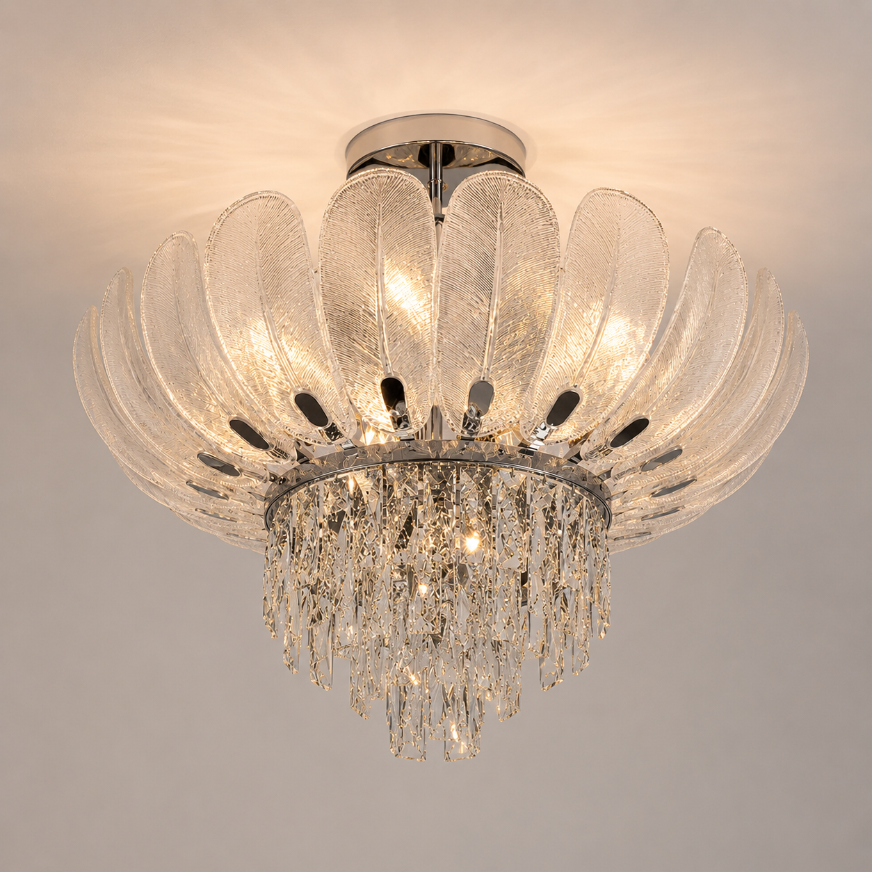 Front view of crystal flush mount ceiling light with glass shades 60 cm