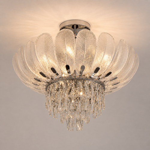 Front view of crystal flush mount ceiling light with glass shades 60 cm