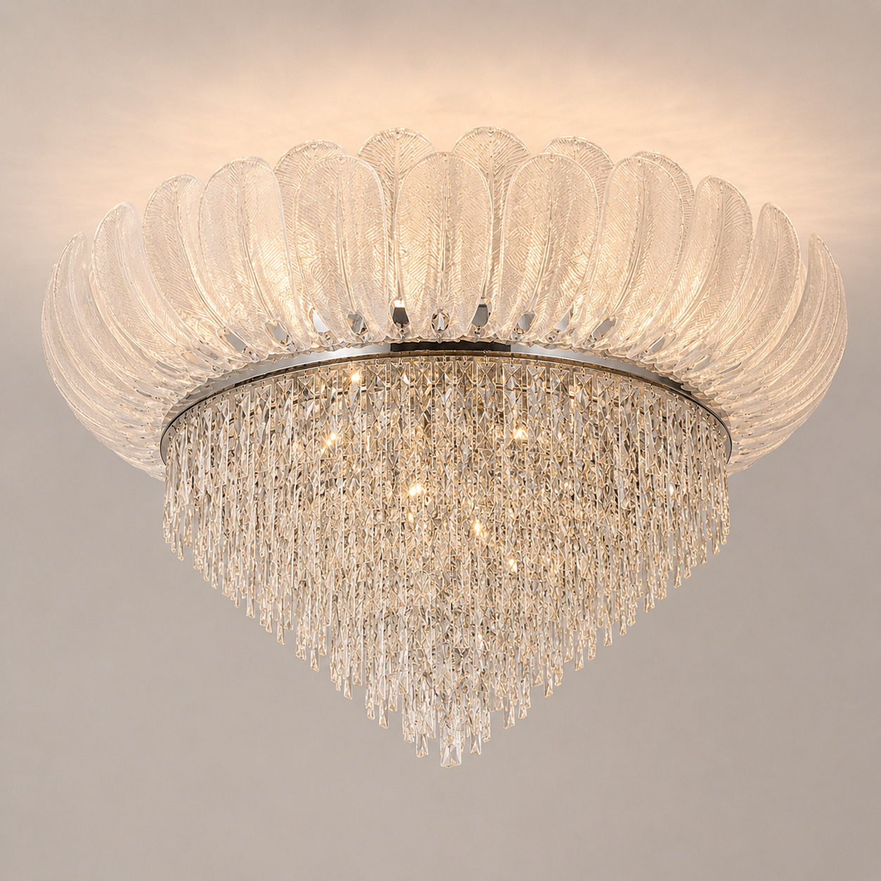 Front view of crystal flush mount ceiling light with glass shades 80 cm