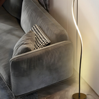 Angled view of modern curved LED floor lamp