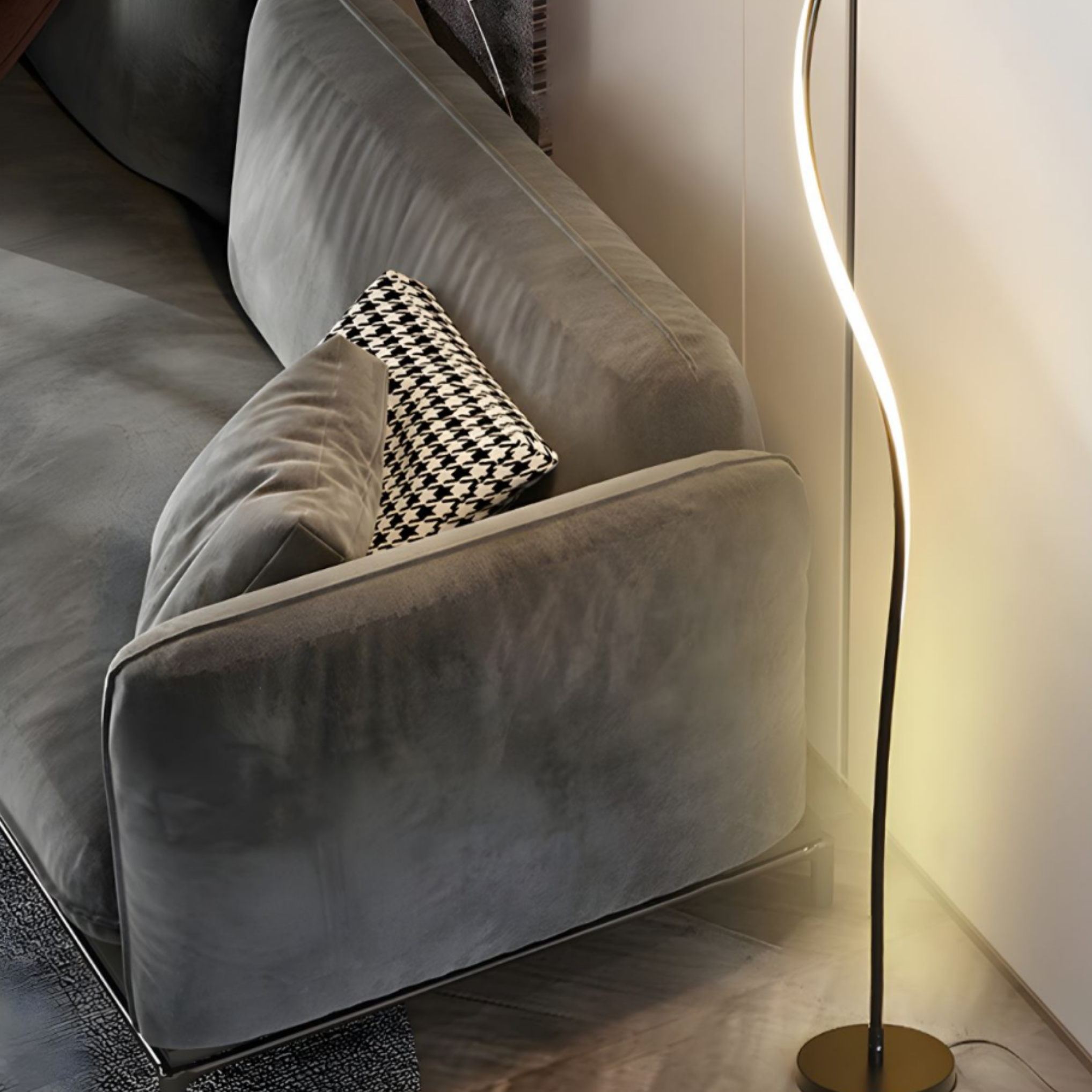 Angled view of modern curved LED floor lamp