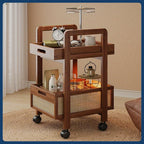 Rattan Storage Cart - Mobile Side Table with Woven Baskets, Multi-Functional Rolling Cart for Living Room & Bedroom, Shelves