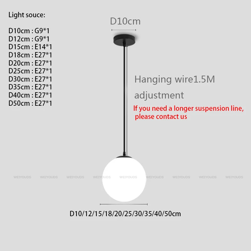 White Circular Glass Ball Pendant Light, Bar Restaurant Shop Decorative Light, Study Room Bedroom Light, Bar Desk Lamp