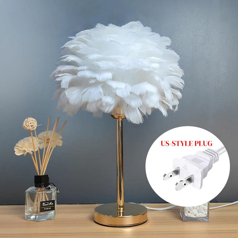 White Feather Lamp with Plug Powered Modern Table Lamp Cute Romantic Bedside Light for Girl Room Childrens Room Wed Decorat
