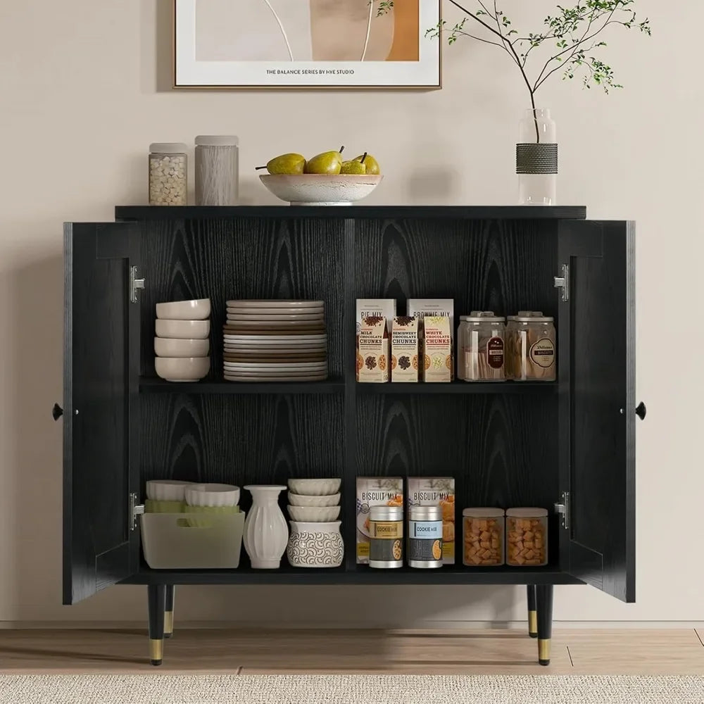 Black Sideboard Cabinet with Rattan Decor Doors, Buffet Table with Storage