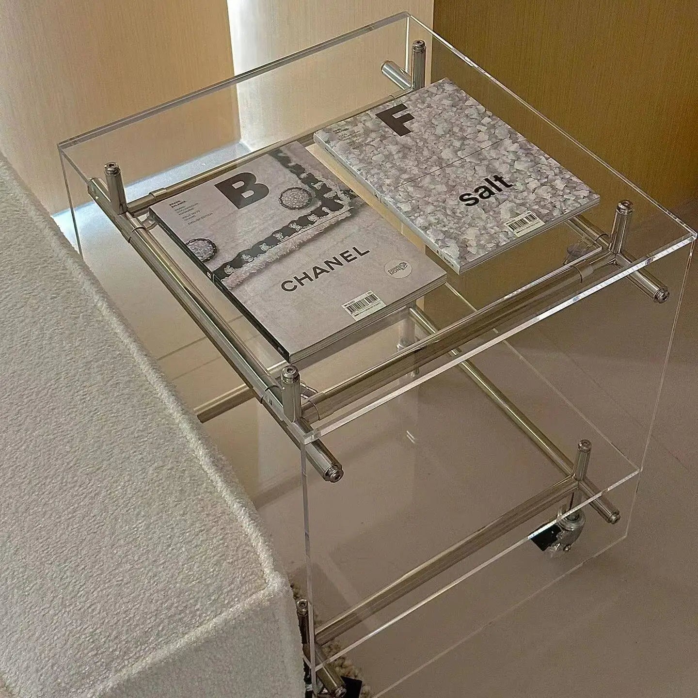 Acrylic 2-Tier Rolling Side Table, Mobile Storage Cart for Couch, Small Space-Saving Coffee Table with Wheels, Clear for Home