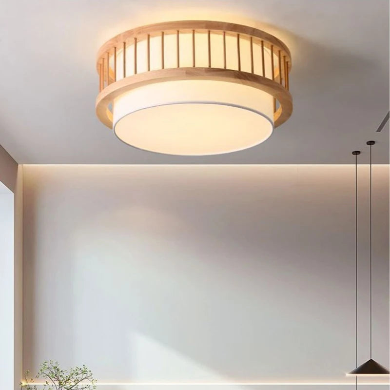 Nordic round Solid Wood Ceiling Lights Fabric Lampshade Living Room Bedroom Ceiling Lamp for Restaurant Study Homestay Indoor