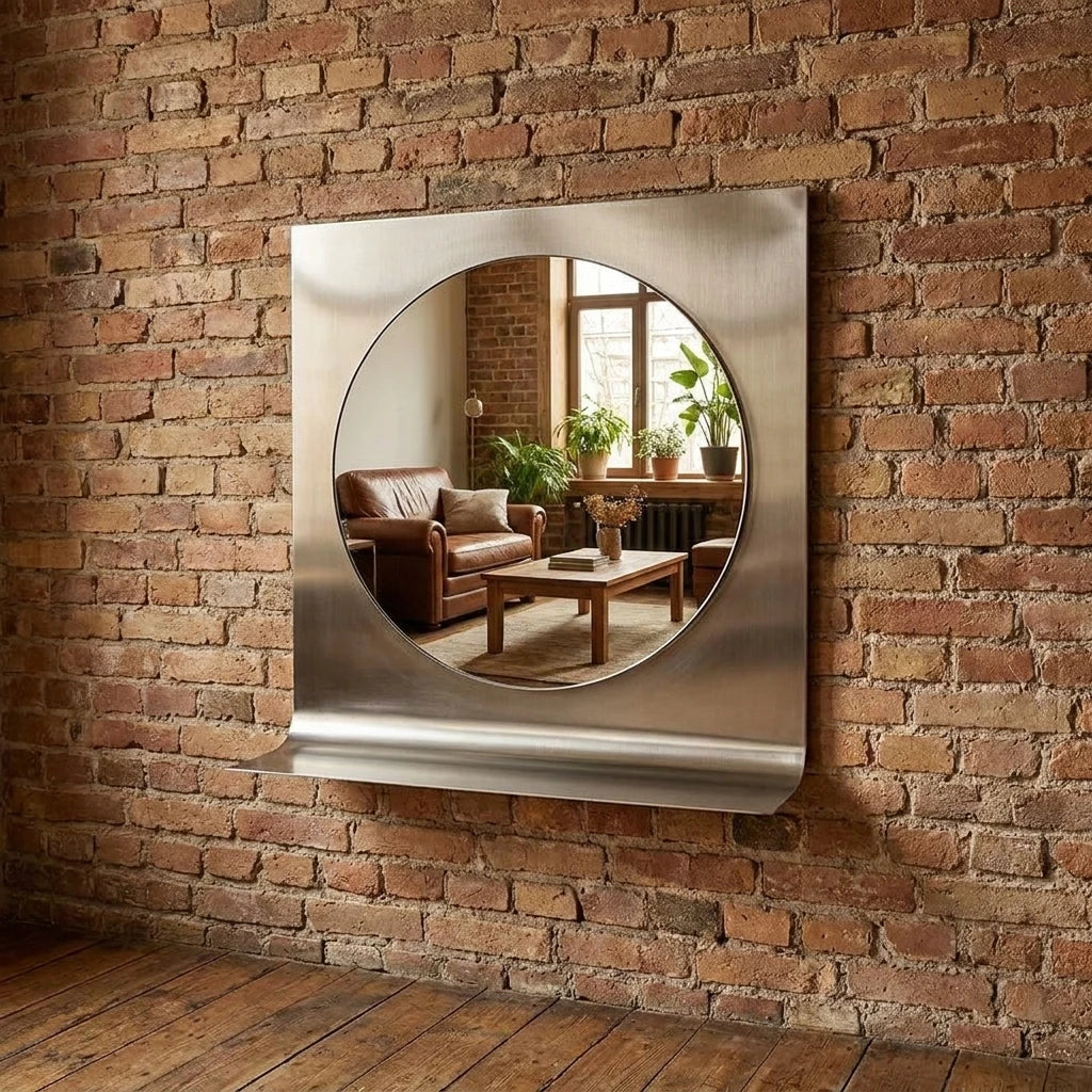 Brushed Stainless Steel Wall Mirror with Shelf Designer Hanging Antique Mirror Decorative Vintage Mirror for Bathroom Living