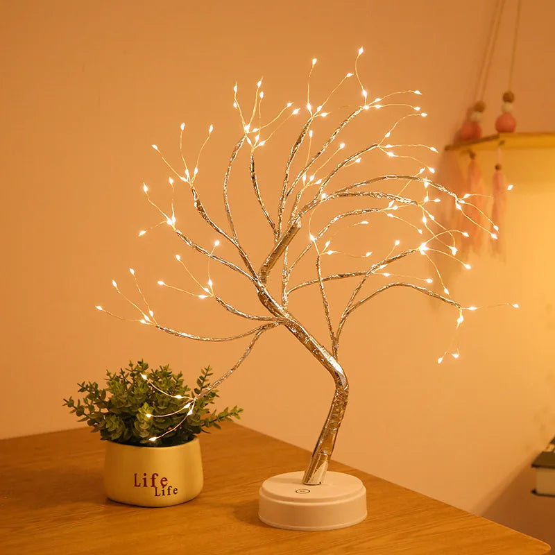 LED Birch Tabletop Bonsai Tree Night Light Christmas Decorate Lamp 8Modes Usb/Battery Bedside Room Decorative Fairy for Room