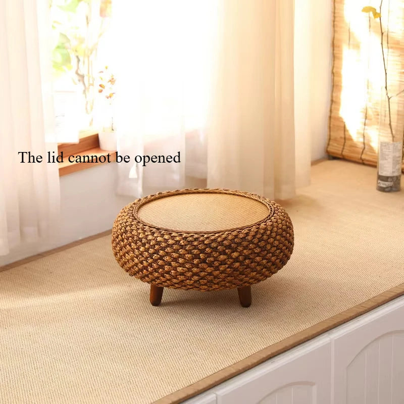Handcrafted round Rattan Coffee Table Japanese Floor Tea Table for Living Room Bay Window Balcony or Small Spaces Natural Finish