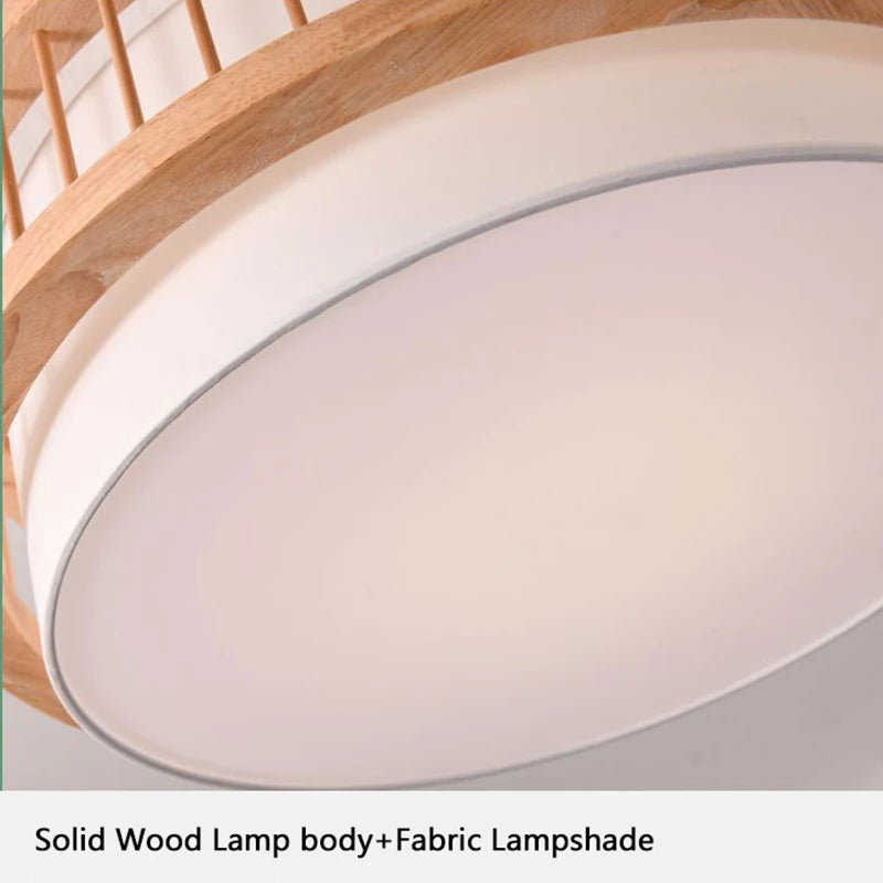 Nordic round Solid Wood Ceiling Lights Fabric Lampshade Living Room Bedroom Ceiling Lamp for Restaurant Study Homestay Indoor