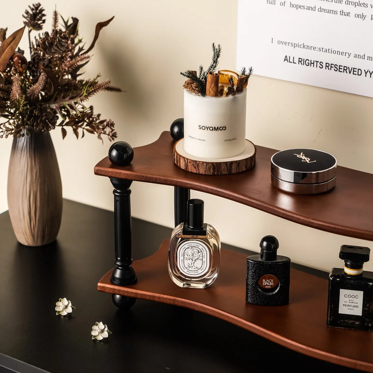 Three-Layer High-Value Desktop Retro Cup Holder with a Medieval Style Solid Wood Shelf