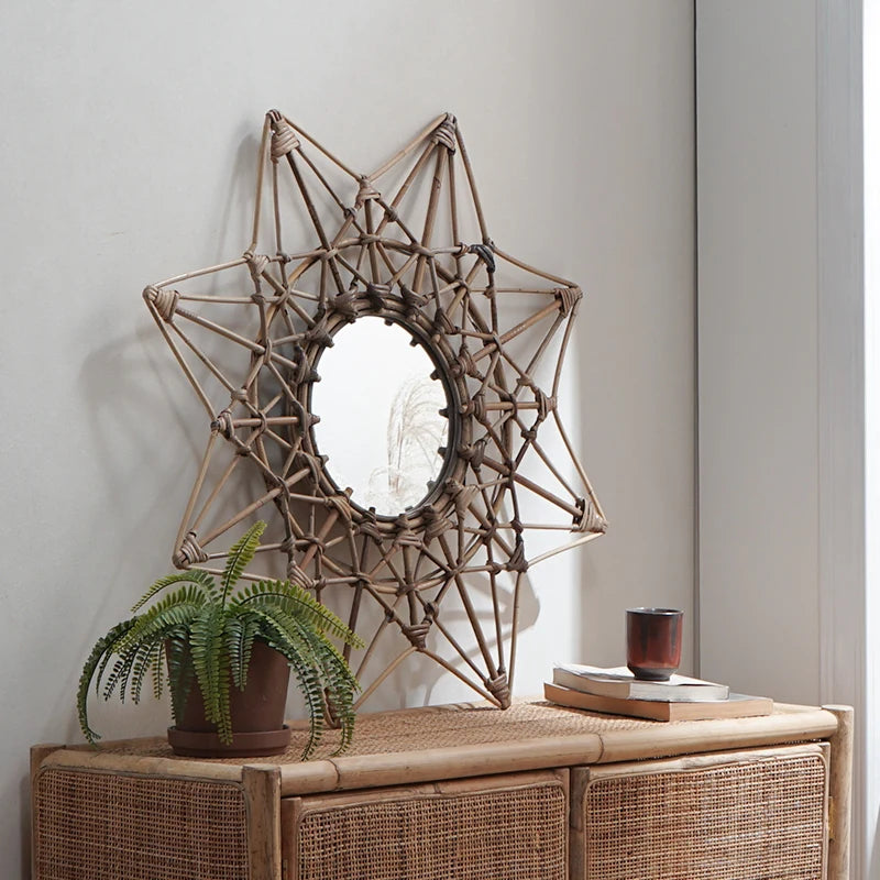 Retro Rattan Weaving Mirror Modern Simple Decorative Mirrors Stylish Designer Makeup Mirror Espejo Decorativo Home Decoration