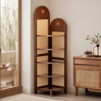 Retro Rattan Woven Decorative Shelf L-Shaped Design Solid Wood Corner Cabinet for Living Room, Study, Bedroom