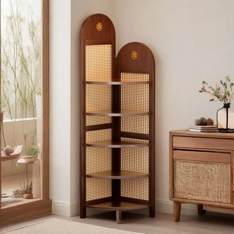 Retro Rattan Woven Decorative Shelf L-Shaped Design Solid Wood Corner Cabinet for Living Room, Study, Bedroom