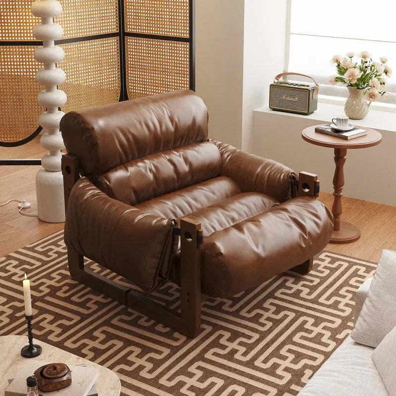 Solid Wood Frame Jersey Island Chair, Vintage Leather Single Sofa, Living Room Antique Leather Sofa, Casual Lazy Sofa
