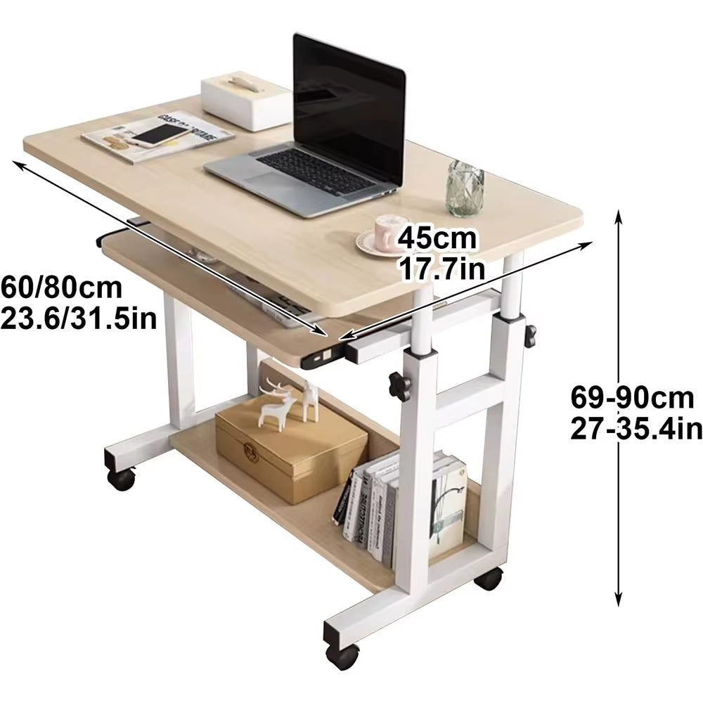 Computer Desk Mobile，Small Adjustable Desk，Office Desk Wooden Writing Desk with Caster，Over Bed Table Adjustable Height