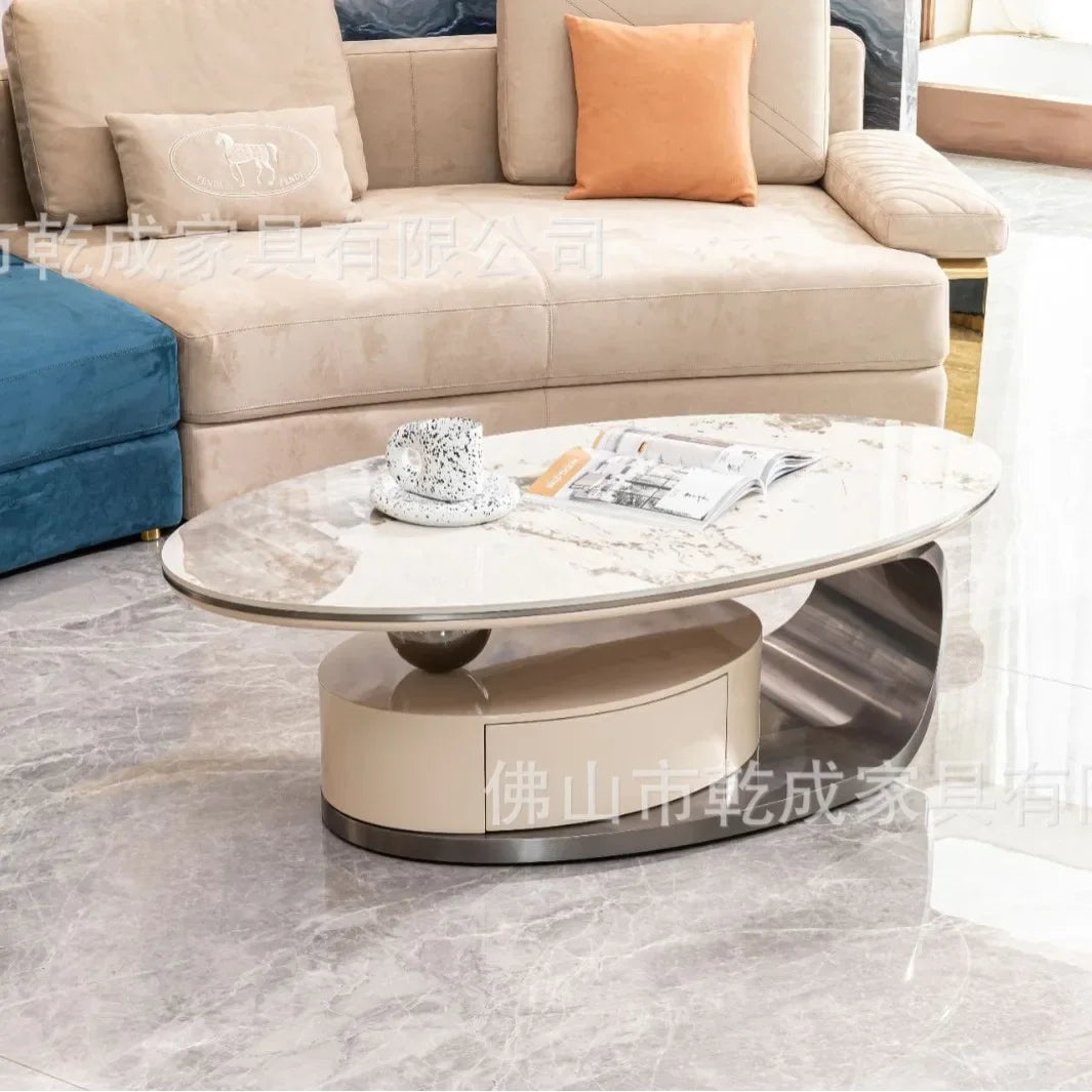 Italian Light Luxury, Rock Slab Coffee Table, Modern Living Room Stainless Steel, Oval Small Apartment