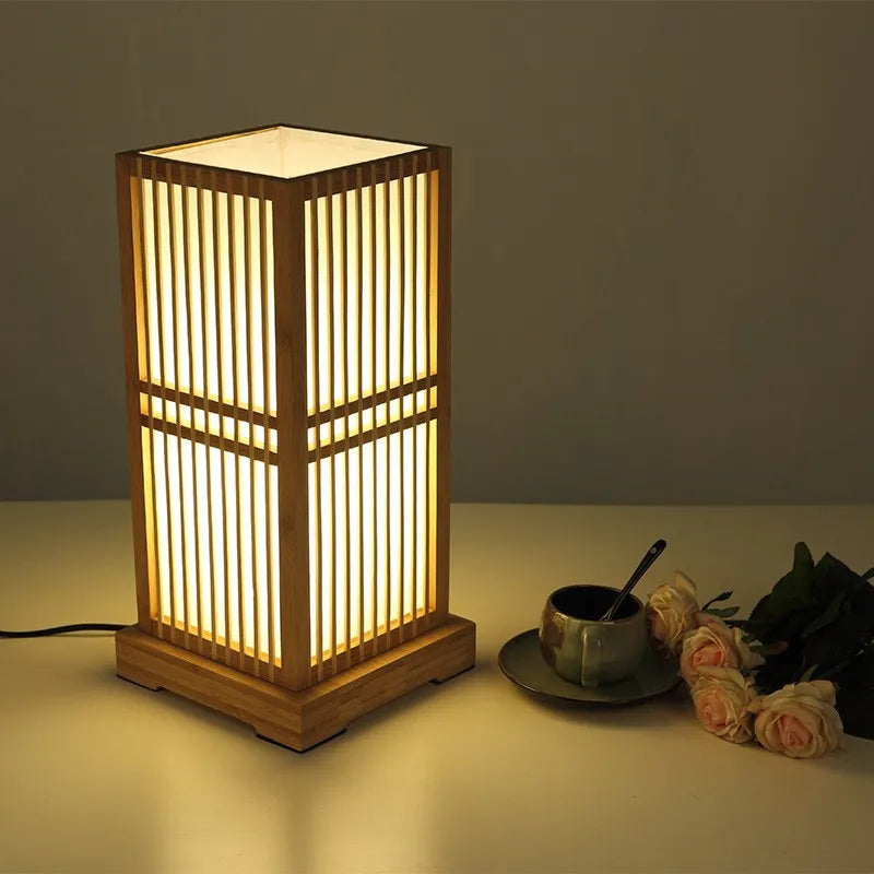 Japanese Zen Bamboo Table Lamp, Handmade Creative Lantern Lamp for Bedroom, Living Room Decor
