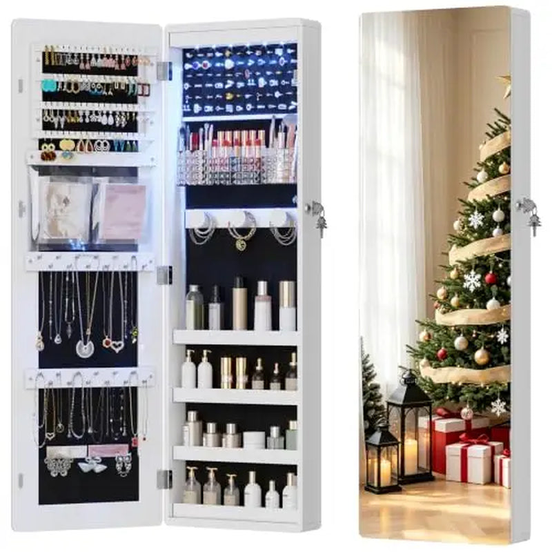 Over the Door Jewelry Organizer with LED Lights, 47.2" Full Length Mirror with Storage, Wall Mounted Jewelry Armoire