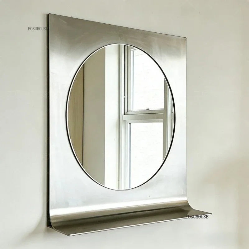 Brushed Stainless Steel Wall Mirror with Shelf Designer Hanging Antique Mirror Decorative Vintage Mirror for Bathroom Living