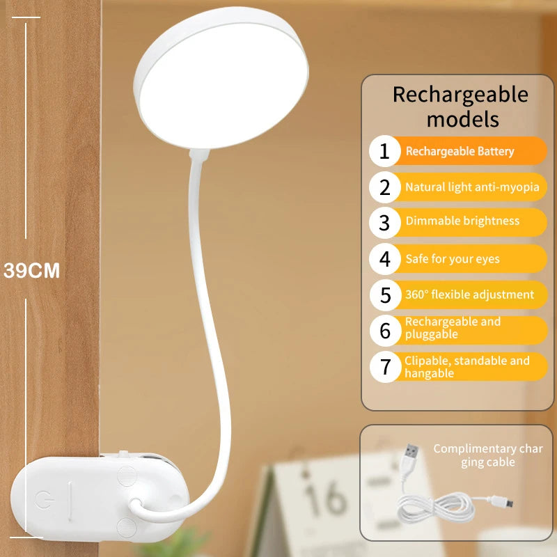 Led Table Lamp USB Rechargeable Night Light with Folding Clamp Study Stand Read Lamp Touch 3 Modes Dimming Eye Protection Light