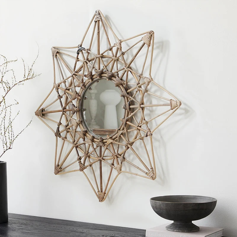 Retro Rattan Weaving Mirror Modern Simple Decorative Mirrors Stylish Designer Makeup Mirror Espejo Decorativo Home Decoration