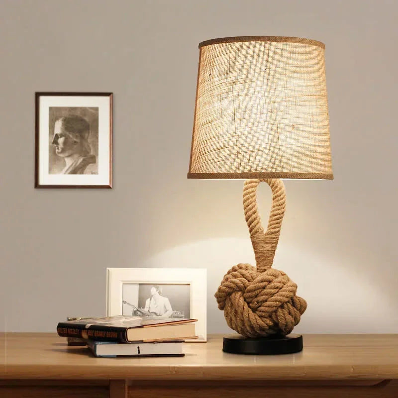 Vintage Hemp Rope Table Lamp E27 Night Table Lamps for Living Room Bedroom Study Desk Decor Industrial Iron Home Bedside Lamp