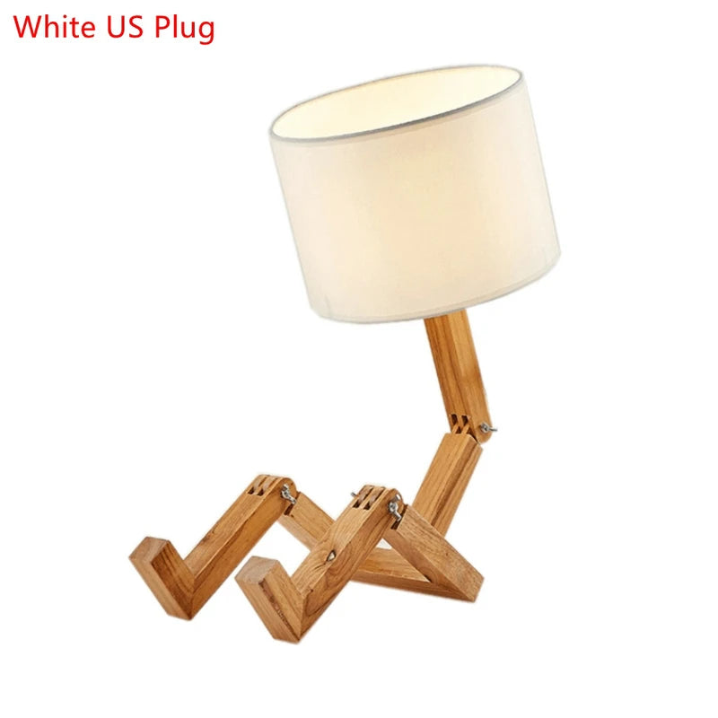 Modern Cloth Art Wood Desk Table Lamp Robot Shape Wooden Table Lamp Decor Luminaires Parlor Study Bedroom Night Light
