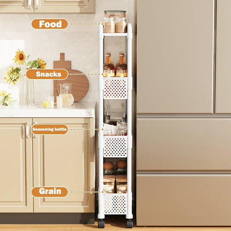 Mobile Shelf with Wheels Narrow Gap Trolley Multi-Layers Storage Rack Kitchen Bathroom 2/3/4 Tiers Storage Trolley Rolling Cart