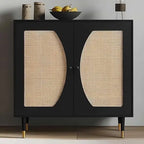 Black Sideboard Cabinet with Rattan Decor Doors, Buffet Table with Storage