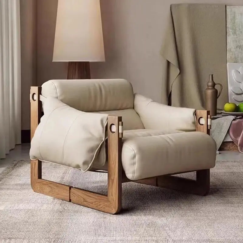Solid Wood Frame Jersey Island Chair, Vintage Leather Single Sofa, Living Room Antique Leather Sofa, Casual Lazy Sofa