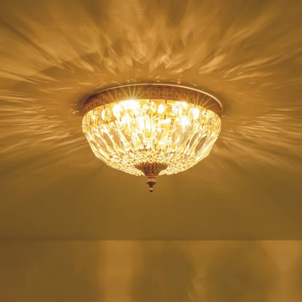 European style copper crystal flush mount ceiling light 35 cm turned on