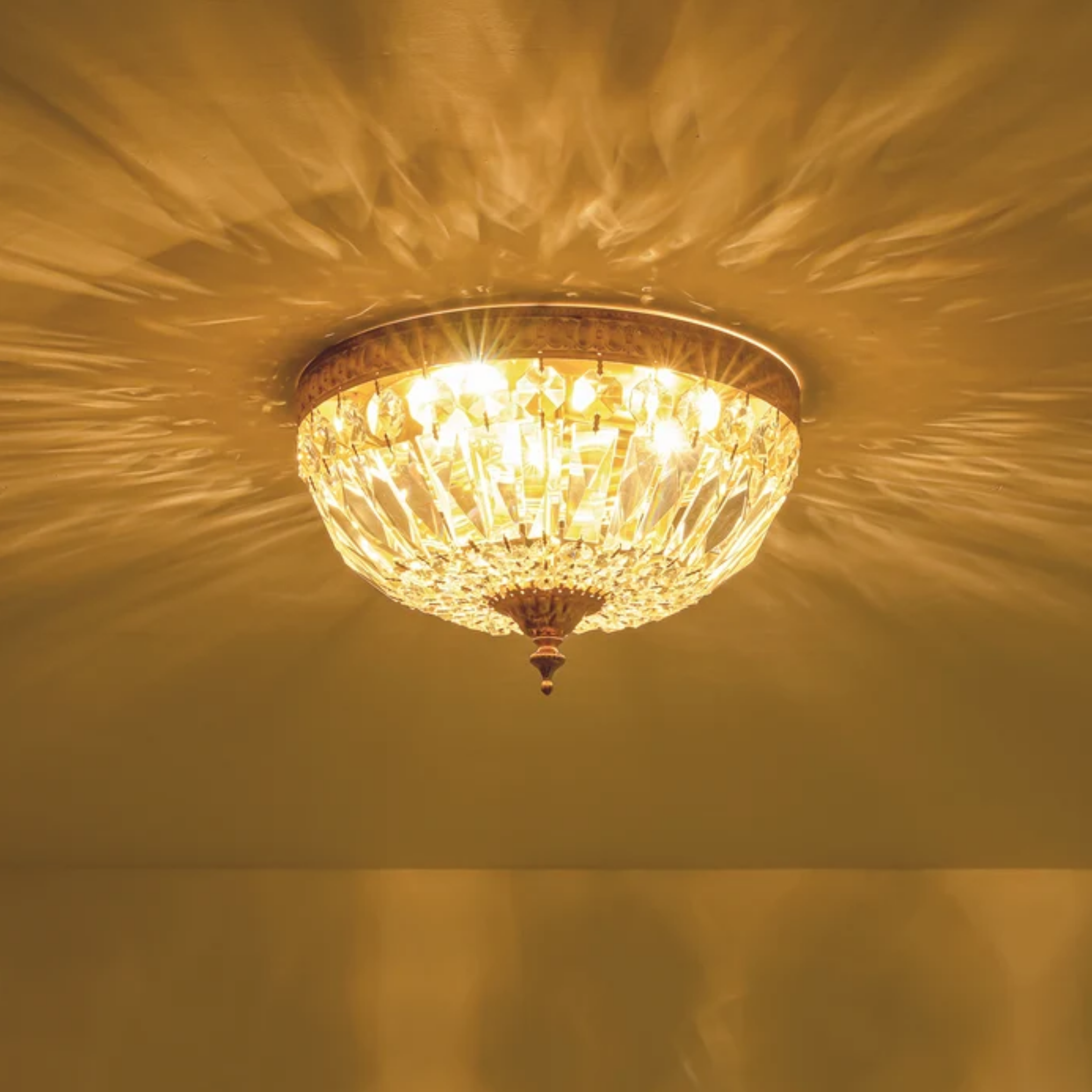 European style copper crystal flush mount ceiling light 35 cm turned on